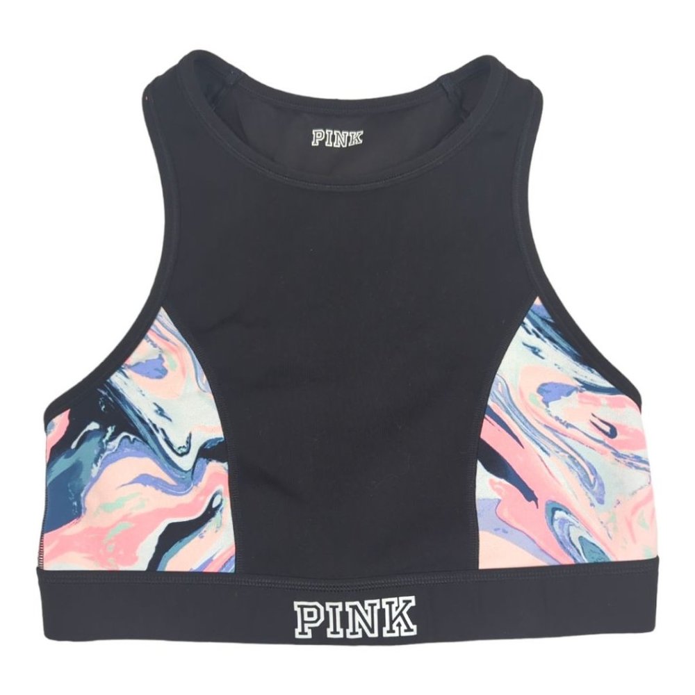 PINK Victoria's Secret High Neck Black & Swirl Pastel Sports Bra XS